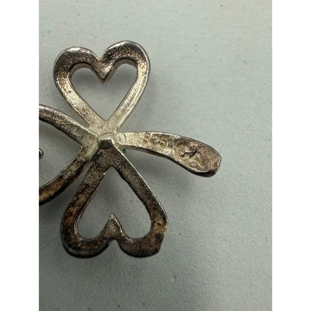 925 Sterling‎ Silver Shamrock Pendant Necklace Green Stone Heart Clover 22 Inch